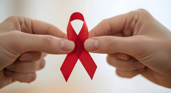 Show your support and raise awareness with a poignant red ribbon held delicately between caring hands, promoting unity and hope for a better future.