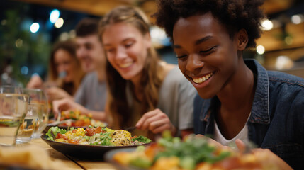 A group of international students gathering around a long wooden table, sharing homemade traditional dishes, trading recipes, and laughing as they compare flavors — a warm, multicultural food