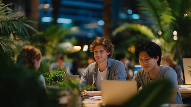 A lively coworking hub with freelancers, digital nomads, and remote teams collaborating across shared tables filled with plants, notebooks, and laptops — modern workspace culture blending