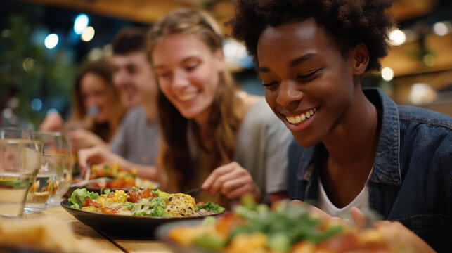 A group of international students gathering around a long wooden table, sharing homemade traditional dishes, trading recipes, and laughing as they compare flavors — a warm, multicultural food - Powered by Adobe