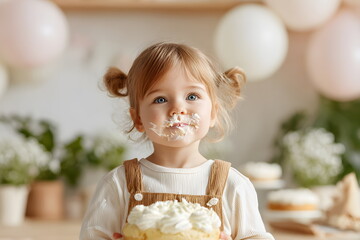 Smiling toddler with cake on face celebrating at a festive party  