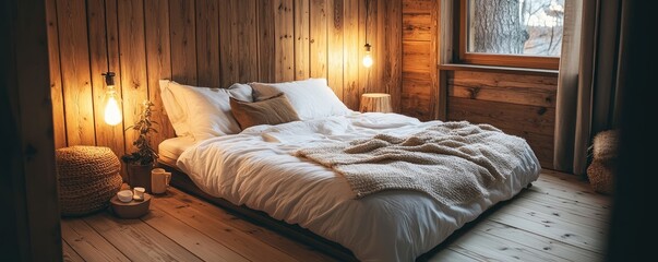 Promote cozy bedroom interior and warm home comfort atmosphere