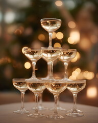 Champagne fountain with stacked glasses on festive background, Champagne glasses arranged in a pyramid