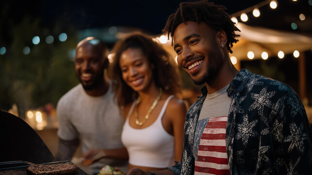A family gathered around a backyard grill draped in string lights, wearing flag-themed clothing while celebrating a national holiday with laughter and music — festive patriotism, unity, and