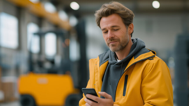 A logistics manager receiving multiple delivery delay alerts on a smartphone while supervising a busy warehouse with forklifts passing by — supply chain optimization, real-time tracking - Powered by Adobe