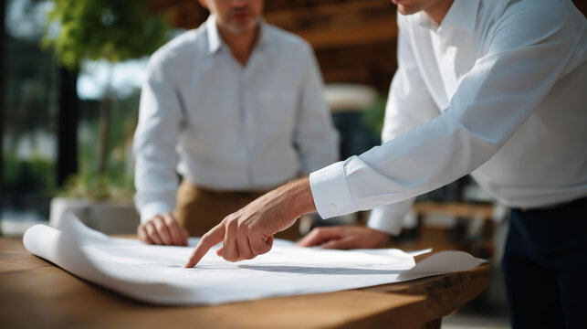 Architect and homeowner discussing passive house features over recycled paper plans — energy-efficient architecture and sustainable building strategy. cinematic color correction, natural uneven - Powered by Adobe