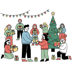 A diverse group of friends and family joyfully exchanging gifts during a festive Christmas party celebration