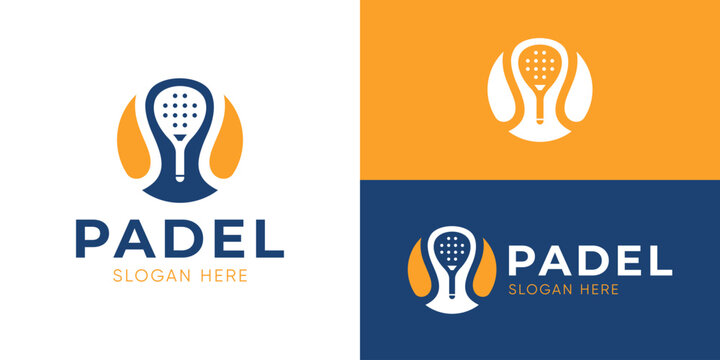 Creative simple padel logo template. Tennis ball with racket paddle symbol, sport logo design vector illustration.