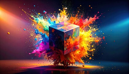 A radiant cube bursts forth in a spectacular explosion of vivid rainbow paint and powder. Dynamic splashes and hues create a stunning visual concept.