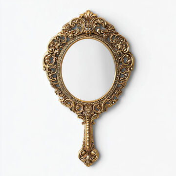 Elegant vintage handheld mirror with ornate gold frame on white