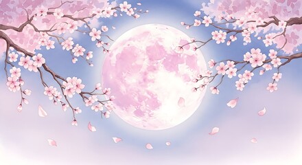 Pink full moon framed by delicate cherry blossom branches under clear sky