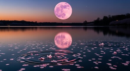 Pink full moon reflecting on still lake with cherry blossom petals and ripples