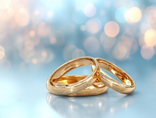 Three gold wedding rings stacked on a reflective surface, soft bokeh background