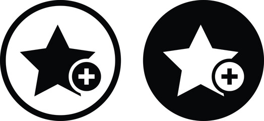 Add to favorite icon with star. Star rating and plus symbol. Mark as Favorite Icon. Save and prioritize content signs