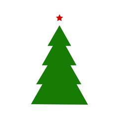 Simple classic Christmas tree silhouette with red star on top. Clean evergreen vector icon for winter designs.