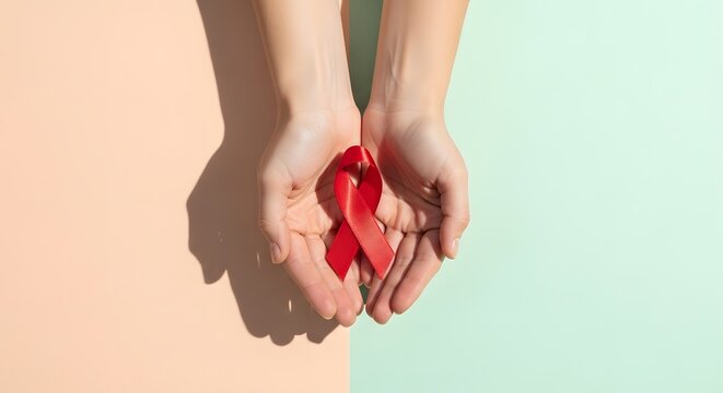 Show your support for a cure with this vibrant red ribbon held in hopeful hands against a pastel background, perfect for awareness campaigns