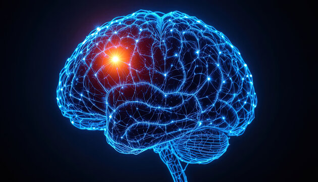 Glowing human brain illustration showcasing neural activity and cognitive function, ideal for science, medicine and technology concepts in a modern design