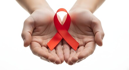 Show your support with this red ribbon held delicately in caring hands, a powerful symbol of awareness and solidarity for important causes.
