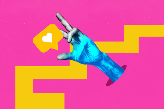 Sketch image creative collage of human hand hold like reaction notification popular blogger feedback subscribe text box media - Powered by Adobe