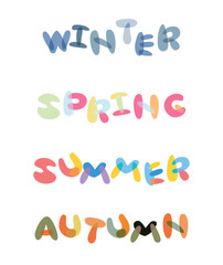 A charming vector set featuring seasonal names (Spring, Summer, Autumn, Winter) rendered in a whimsical, childhood-inspired style with harmonious, color-matched shades.