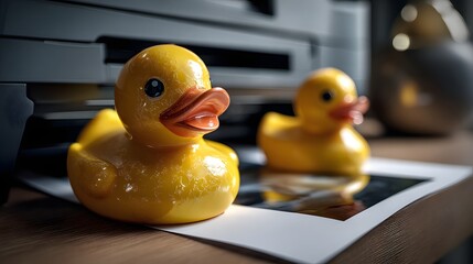 Wet yellow rubber ducks beside a printer on white paper, perfect for quirky ads, humorous editorial content