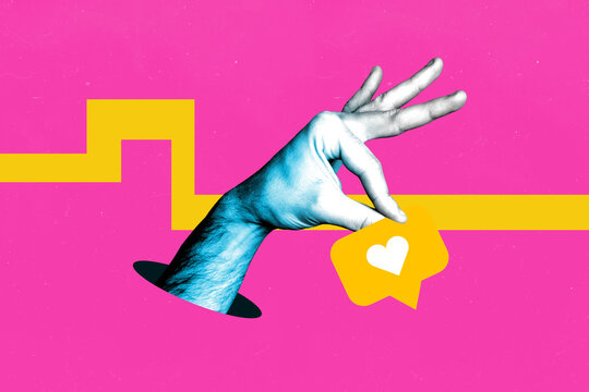 Banner pop creative collage of human hand hold like reaction notification popular blogger feedback subscribe text box media