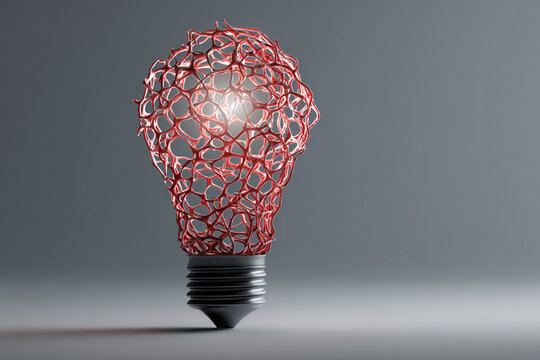 A vibrant abstract light bulb glows with a complex red organic mesh structure on a sleek gray background representing innovative ideas and creative thinking