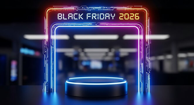 Futuristic Black Friday 2026 promotion, vibrant display for cutting-edge tech products, luminous neon podium for exclusive sale offerings, spotlight on deals