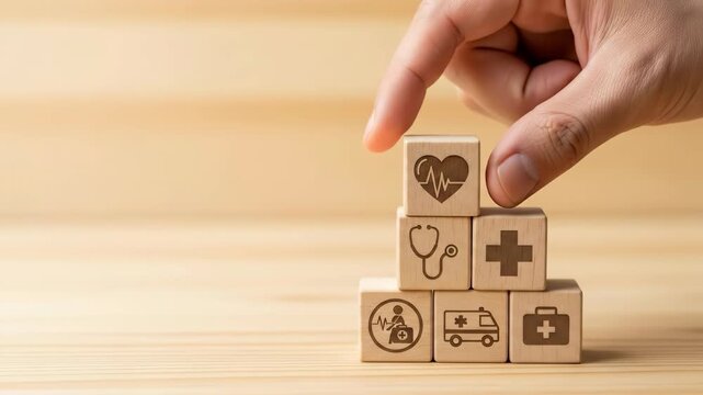 Hand stacks wooden healthcare cubes with heart, medical symbols in conceptual progression