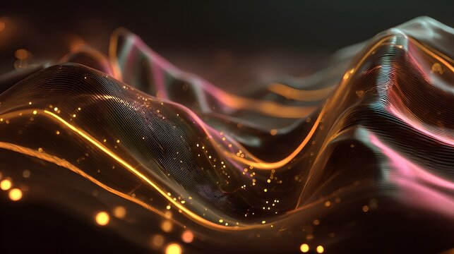 Abstract digital landscape with glowing orange and pink waves of light and particles, perfect for website hero, motion design - Powered by Adobe