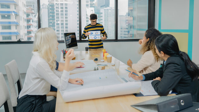 Diverse group of five business people. Presentation, market anal
