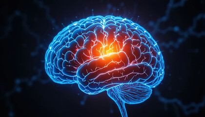 Obraz premium Stunning digital brain illustration showcasing intelligence and innovation in glowing blue and orange, perfect for science and technology projects