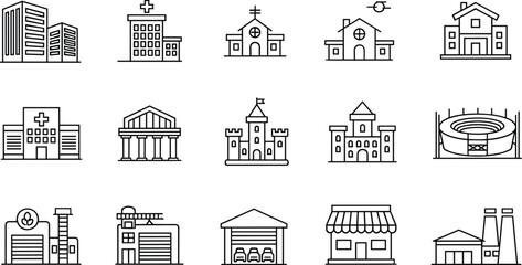 Diverse Building and Architecture Vector Line Icons Set, Including Hospital, Residential Home, Commercial Office, Factory, and Stadium Structures