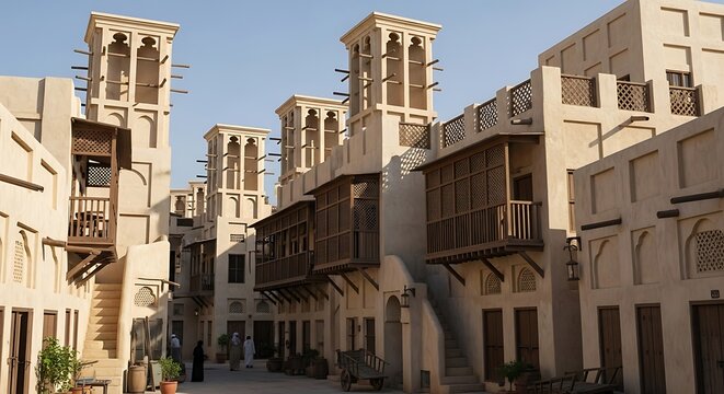 Ancient architectural structures feature traditional wind catchers and wooden balconies.