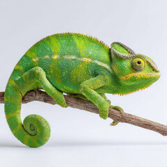 Fototapeta premium Green chameleon with textured skin perched on branch calmly