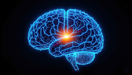 Glowing human brain with neural activity, visualizing knowledge and health, for science, technology, or medical needs, ideal for presentations or research