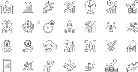 Business Growth and Finance Line Icon Set – Analytics, Investment, Startup and Profit Strategy Symbols