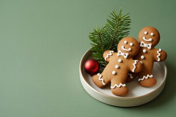 Gingerbread cookies shaped like cheerful figures on a plate with a sprig of evergreen and a red ornament, creating a festive holiday atmosphere