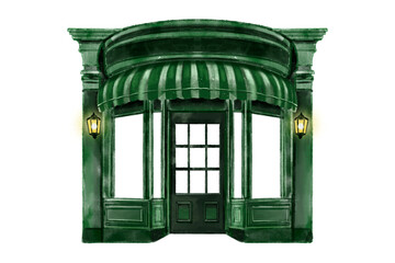 green window isolated old window with green shutters Shop roof, white and red store vintage christmas vintage watercolor hand drawn on transparent background