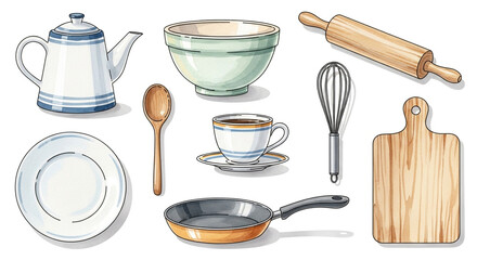 Kitchenware illustration: teapot, bowl, rolling pin, whisk, plate, spoon, cup, cutting board, and frying pan.