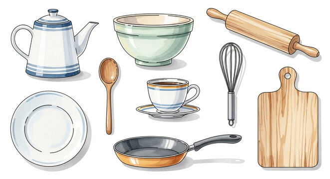 Kitchenware illustration: teapot, bowl, rolling pin, whisk, plate, spoon, cup, cutting board, and frying pan.