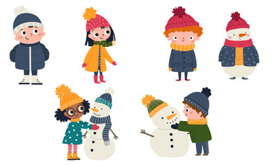 Cute children in winter clothes building snowmen, boys and girls. A set of flat vector illustrations. . Vector illustration