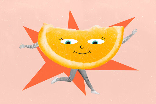Art sketch image full 3d collage of anonym girl guy run orange slice detox nutrition emoji cartoon sticker vitamin lemon