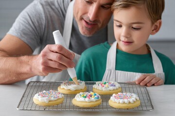 Dad and child decorate cooled cookies with colorful icing and sprinkles on a minimal kitchen counter, creating a joyful baking experience together