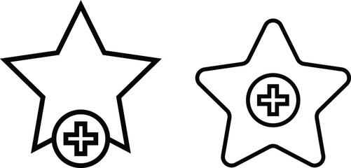 Add to favorite icon with star. Star and plus symbol. Priority content and bookmark signs. Mark as Favorite Icon 
