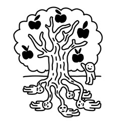 Creepy tree roots grabbing people, child waving up