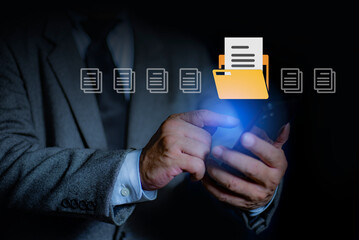 Man uses a smart phone to search data on the server. Document Management System DMS, online document database. Searching, and management of company files and data.