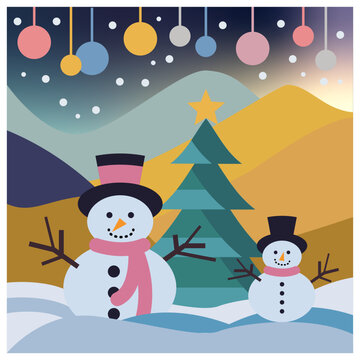 Snowman with Christmas Tree scene winter wonderland