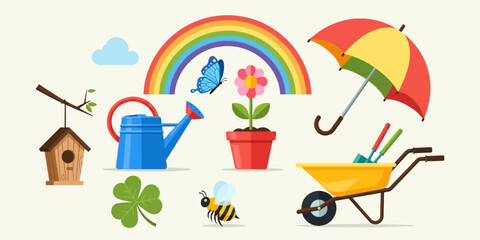 A collection of colorful spring and gardening themed illustrations including a rainbow, butterfly, flower, birdhouse, watering can, bee, umbrella, and wheelbarrow with tools.