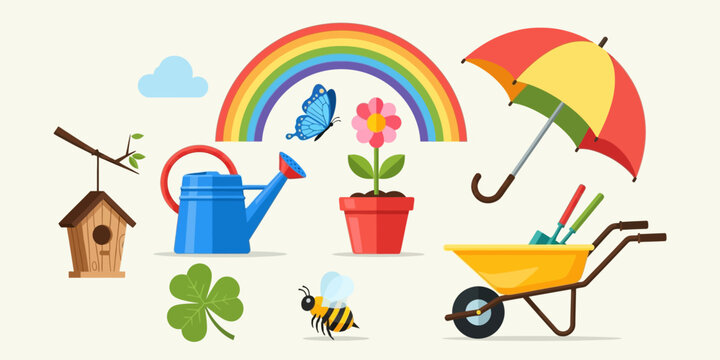 A collection of colorful spring and gardening themed illustrations including a rainbow, butterfly, flower, birdhouse, watering can, bee, umbrella, and wheelbarrow with tools.